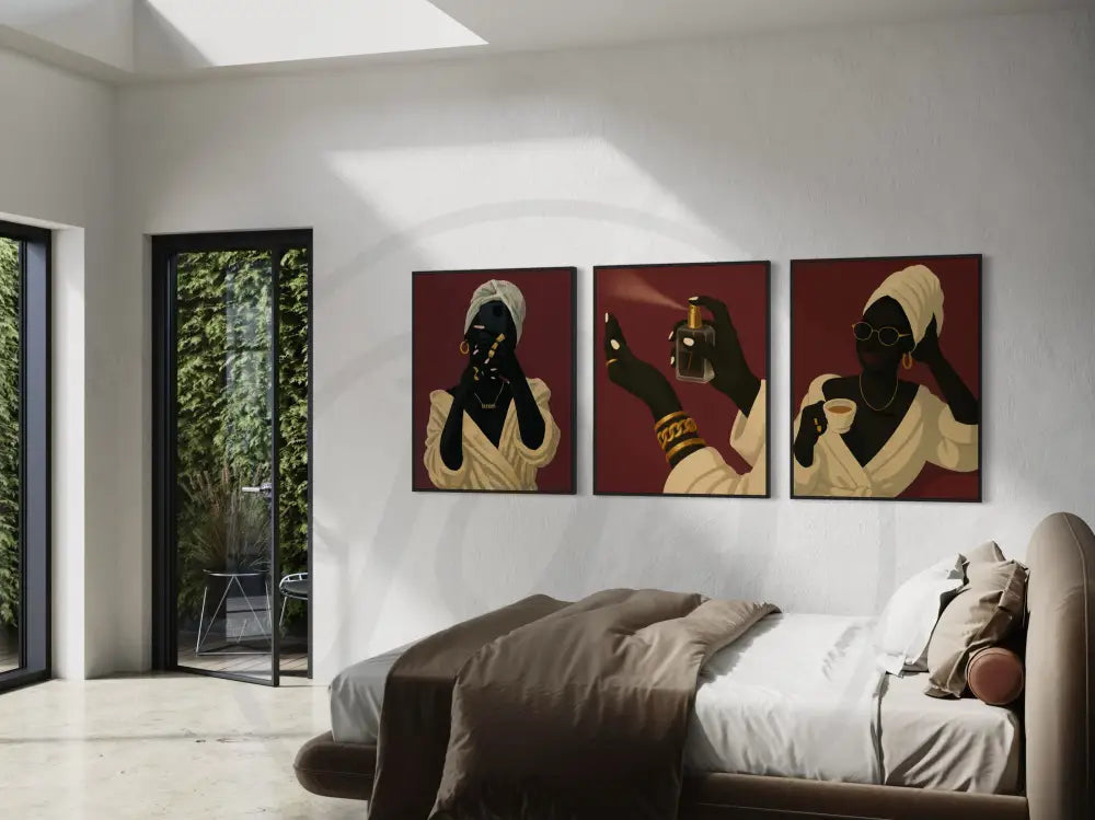 Printable Afrocentric wall art set of three Black women in self-care scenes with red backgrounds. Elegant modern digital art for cultural home décor.