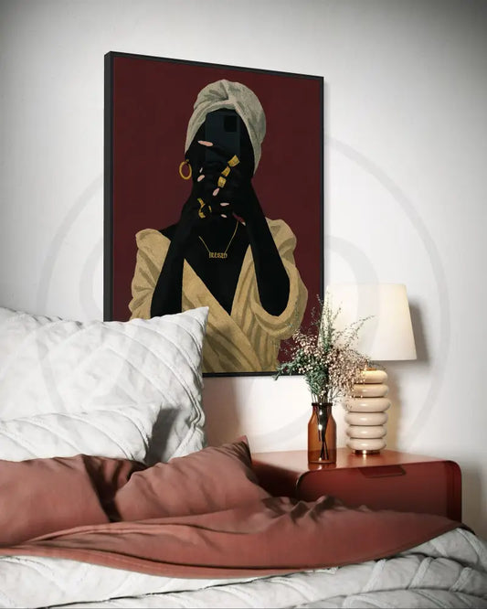 Minimalist Afrocentric wall art set featuring Black women enjoying self-care moments. Printable modern African American art set.