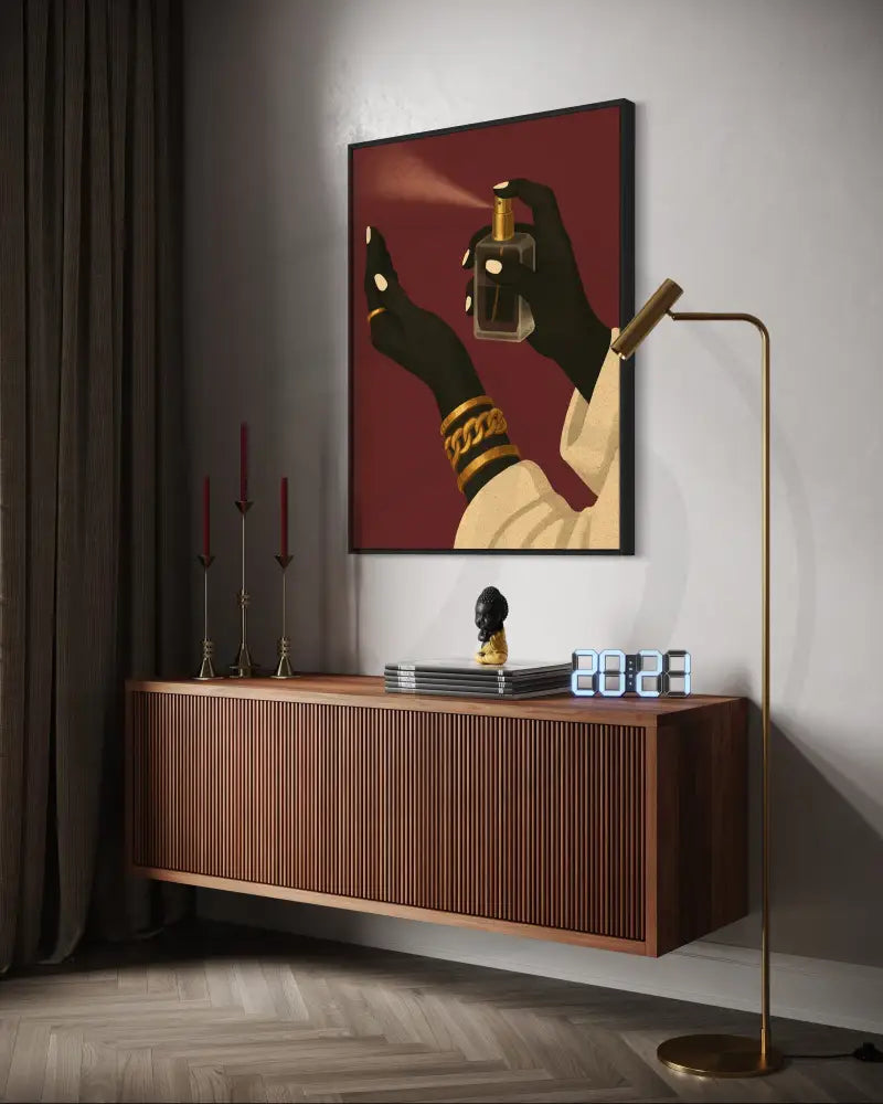 Digital download 3-piece wall art of Black women taking selfies, spraying perfume, and drinking coffee. Afrocentric printable décor for living rooms.