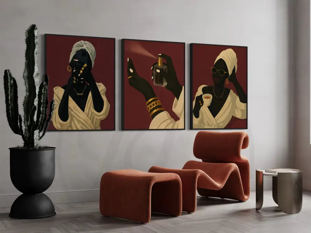 Contemporary African American 3-panel wall art set of stylish Black women. Instant download printable art for home or office.