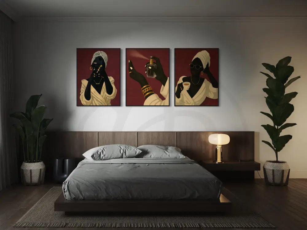 High-resolution digital triptych of Afrocentric Black women in robes with gold jewelry. Modern African art print set for gallery walls.