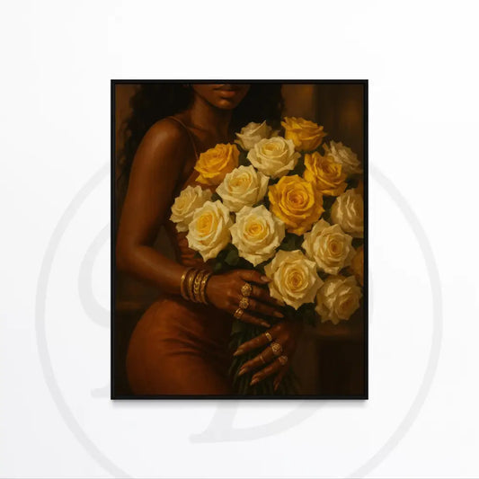 Afrocentric digital art of a Black woman holding a bouquet of roses.