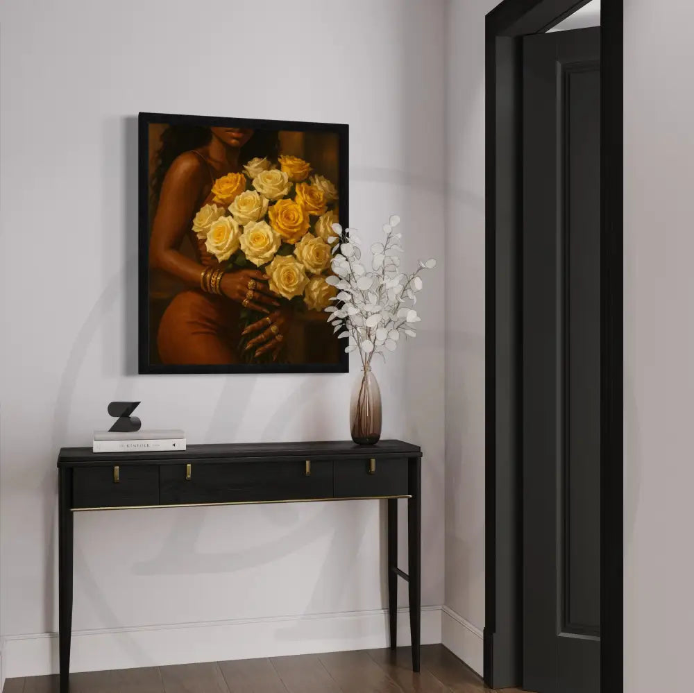 Digital download art of a woman with yellow and cream roses.