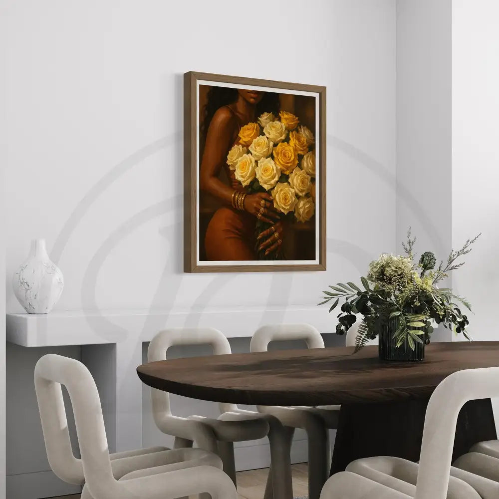 Minimalist Afrocentric portrait with warm floral tones.