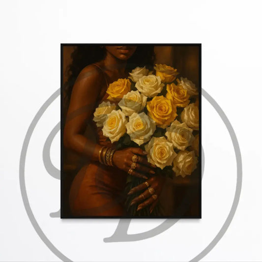 Afrocentric digital art of a Black woman holding a bouquet of roses.