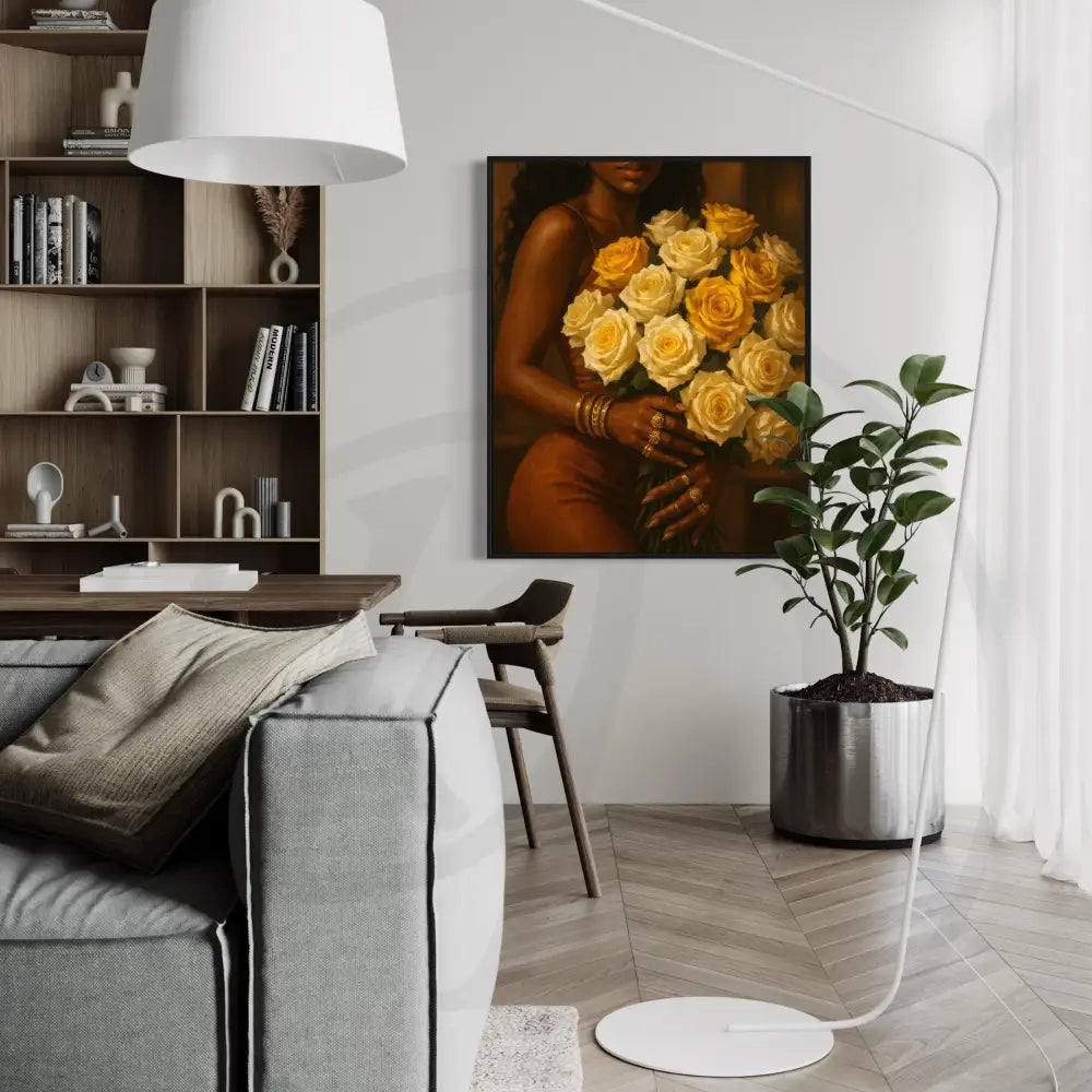 Printable wall art showing gold jewelry and yellow rose bouquet.