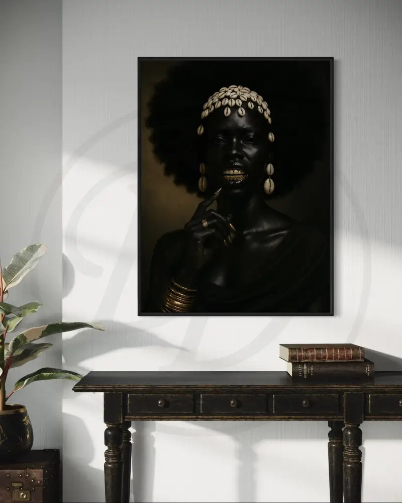 Digital download wall art of Black woman with cowrie shell jewelry and gold accents.