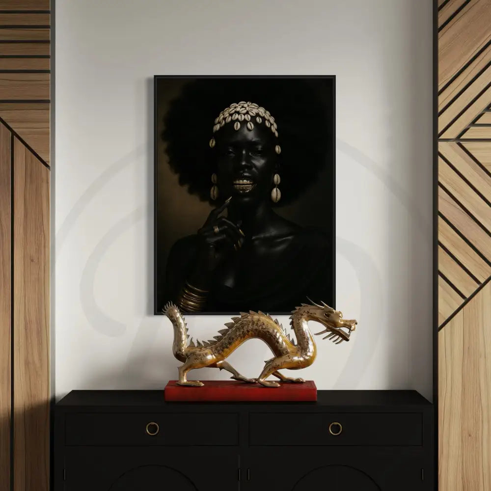 Afrocentric digital wall art of Black woman with cowrie shell crown and gold jewelry.