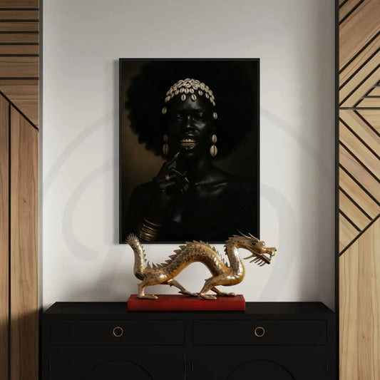 Afrocentric digital wall art of Black woman with cowrie shell crown and gold jewelry.