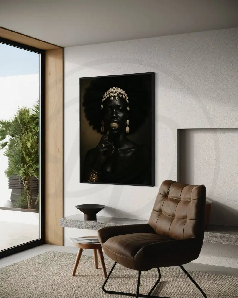 Printable Afrocentric art featuring Black woman in cowrie shells and Afro hairstyle.