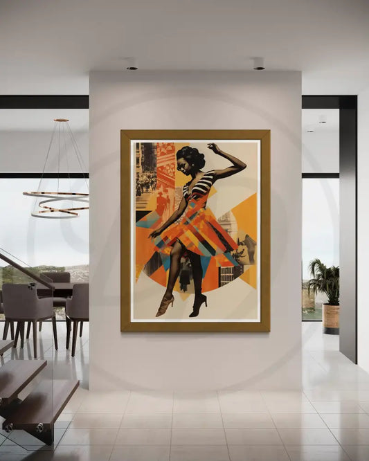 Afrocentric collage digital wall art of a Black woman dancing. Printable art for modern and urban home décor.