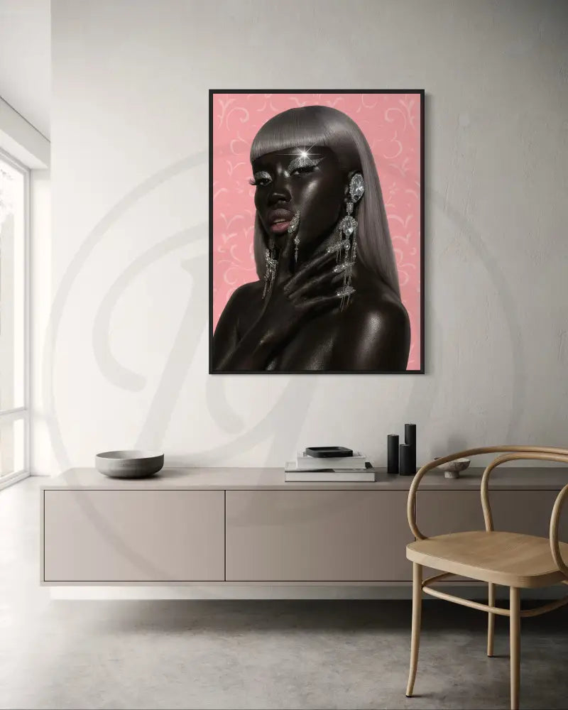 Afrocentric luxury portrait of Black woman with silver hair and pink backdrop. Digital wall art download.