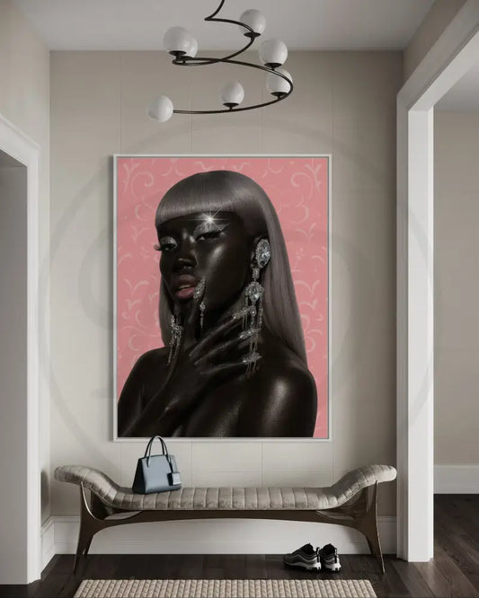 Afrocentric digital portrait of Black woman with silver hair and diamond jewelry. Glam wall art printable in 5 sizes.