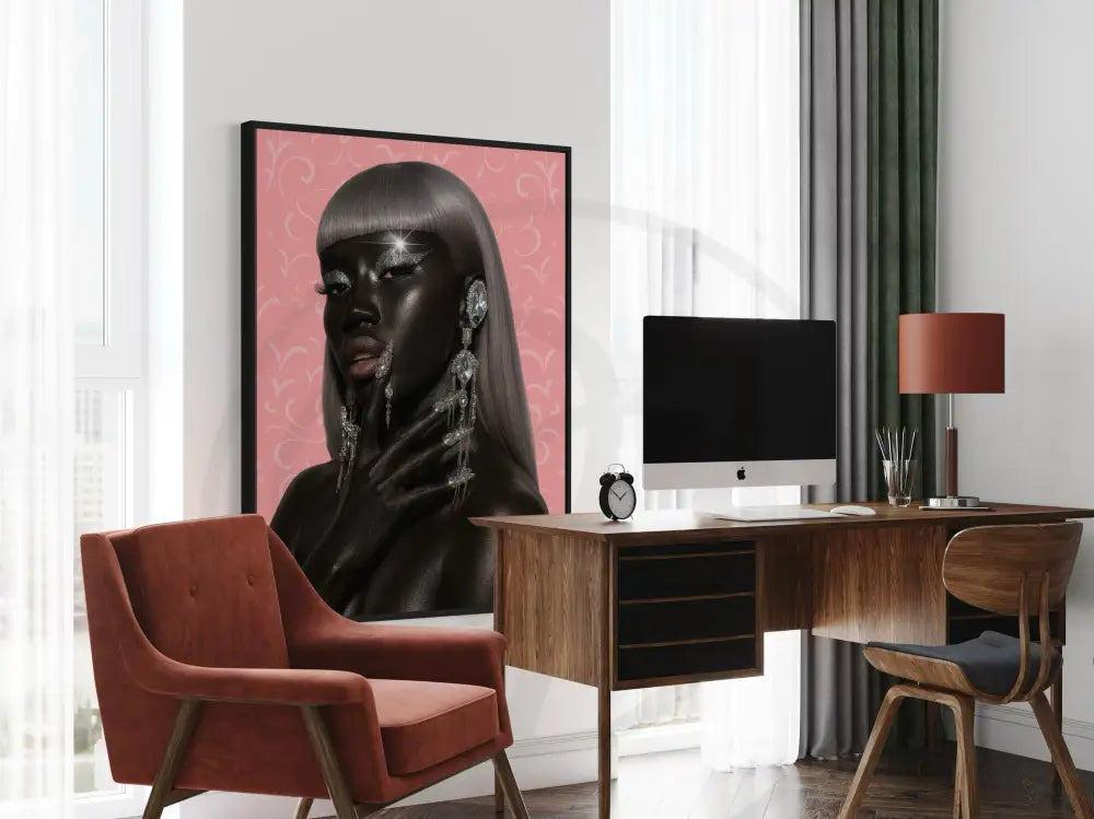 Bold Afrocentric glam art print featuring diamond earrings, jeweled nails, and silver hair. Modern cultural wall décor.