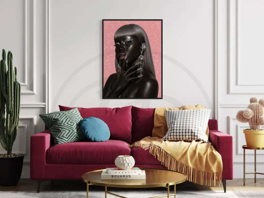Afrocentric digital art with glamorous diamond accents and cultural elegance. Printable portrait in 5 sizes.