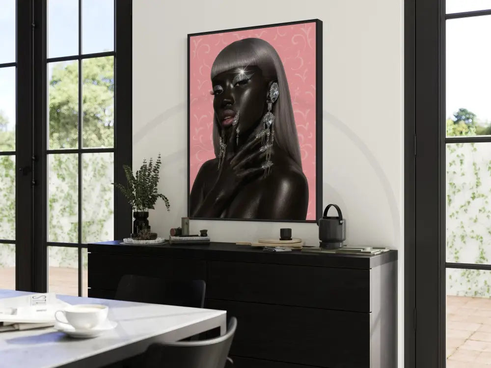 Afrocentric modern glam portrait with glossy onyx skin, diamonds, and pink background. Printable wall décor.