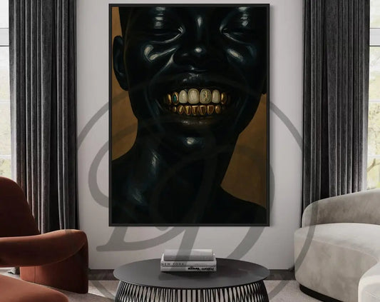 Digital wall art of a faceless woman showing gold grillz, luxury urban vibe.