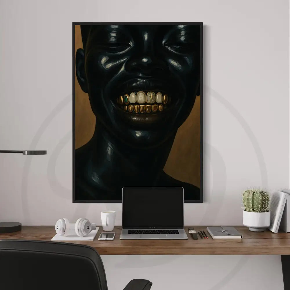 Printable Afrocentric art of a Black woman’s close-up smile with gold grills.