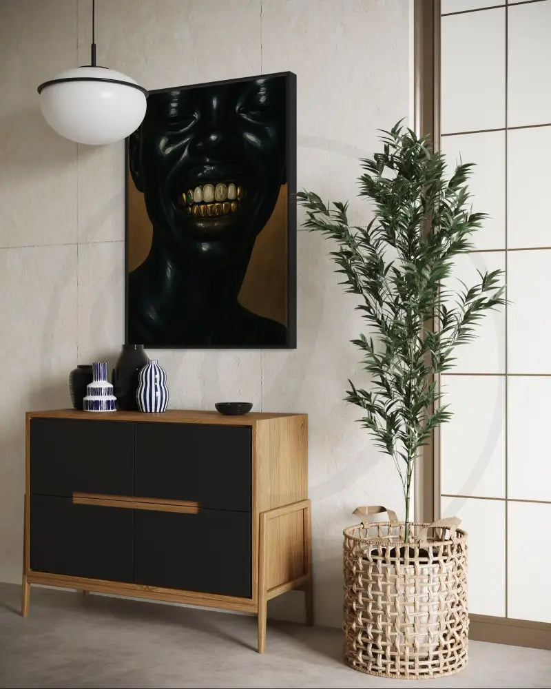 Modern African American wall art of a radiant Black woman’s smile.