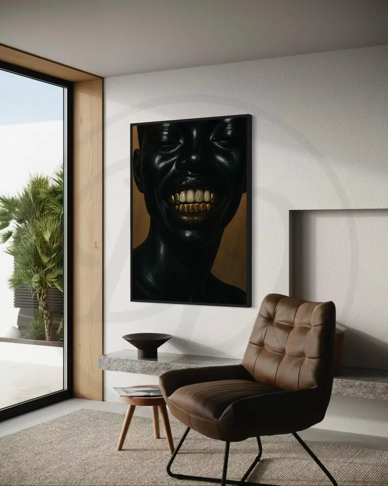 Afrocentric luxury digital print of a Black woman smiling with gold teeth.