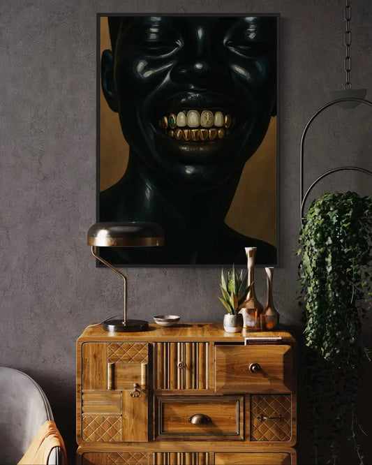 Urban Black culture printable art of a woman’s gold grills close-up.