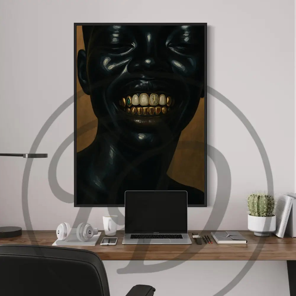 Printable Afrocentric art of a Black woman’s close-up smile with gold grills.