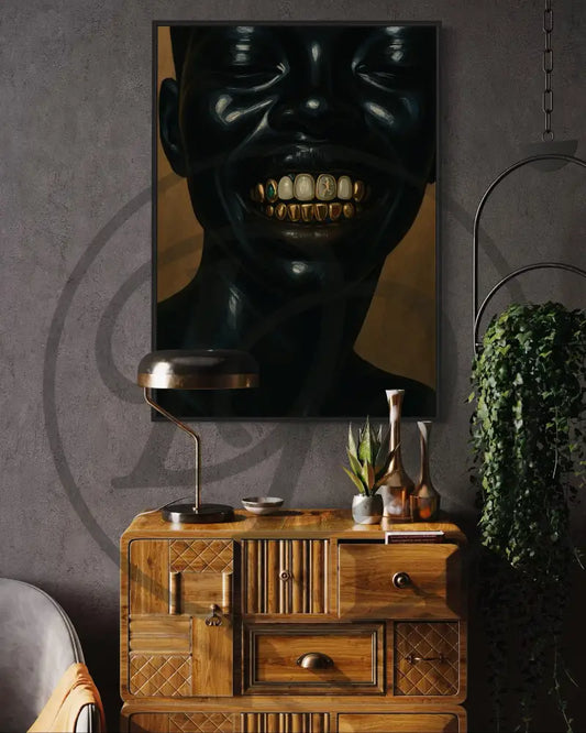 Urban Black culture printable art of a woman’s gold grills close-up.