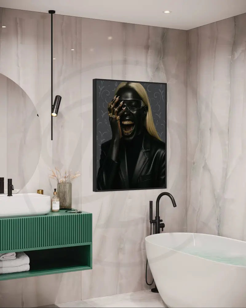 Afrocentric modern portrait of Black woman with platinum blonde hair and gold jewelry. Instant download wall art.
