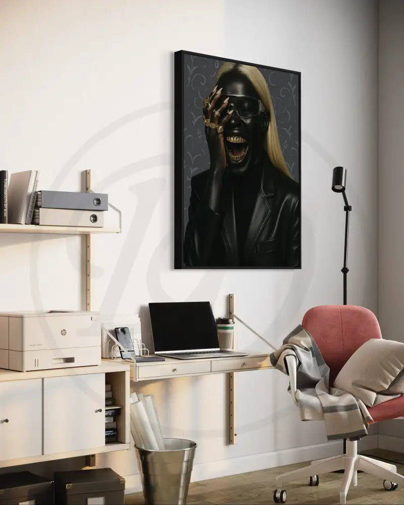 Fashion-inspired Afrocentric digital portrait featuring gold grillz and statement rings. Printable wall décor.
