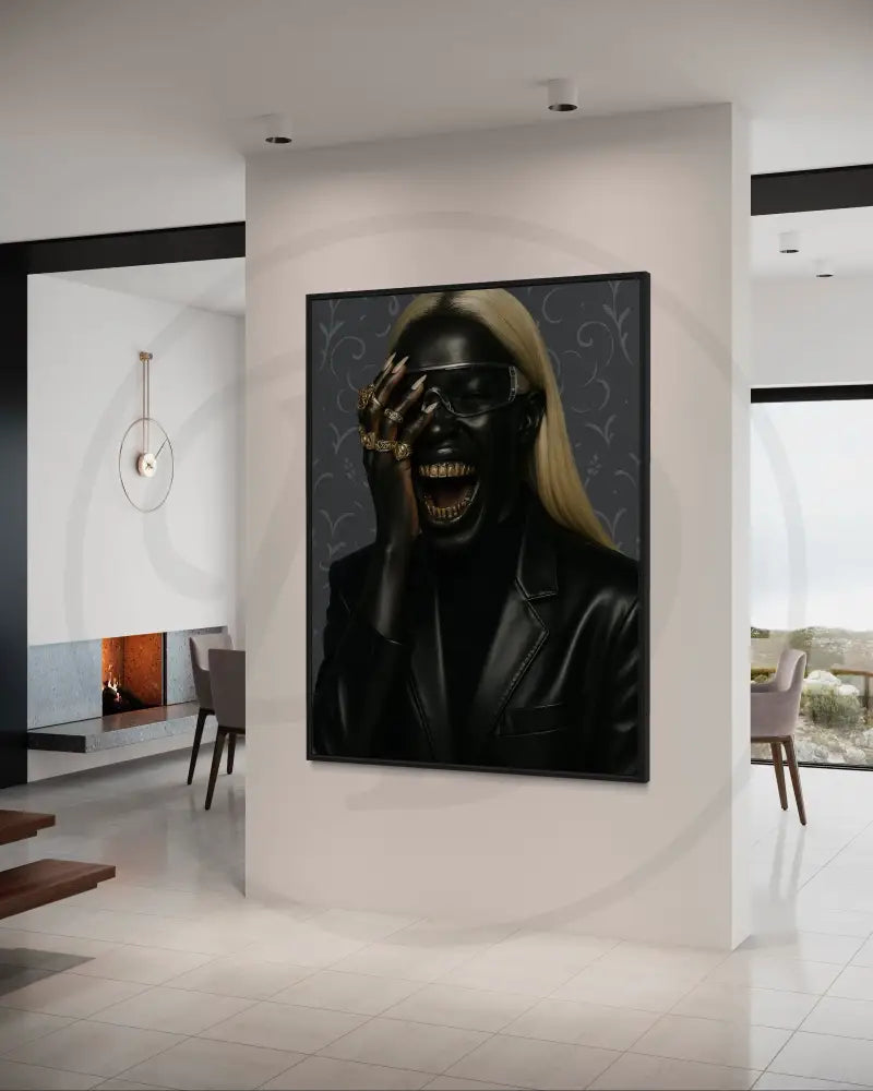 Afrocentric artwork of Black woman laughing with blonde hair and gold grillz. Printable digital portrait.