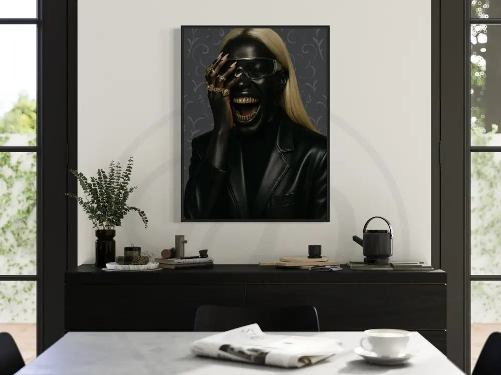 Black woman Afrocentric digital art with onyx skin, gold grillz, and fashion rings. Bold printable wall décor.