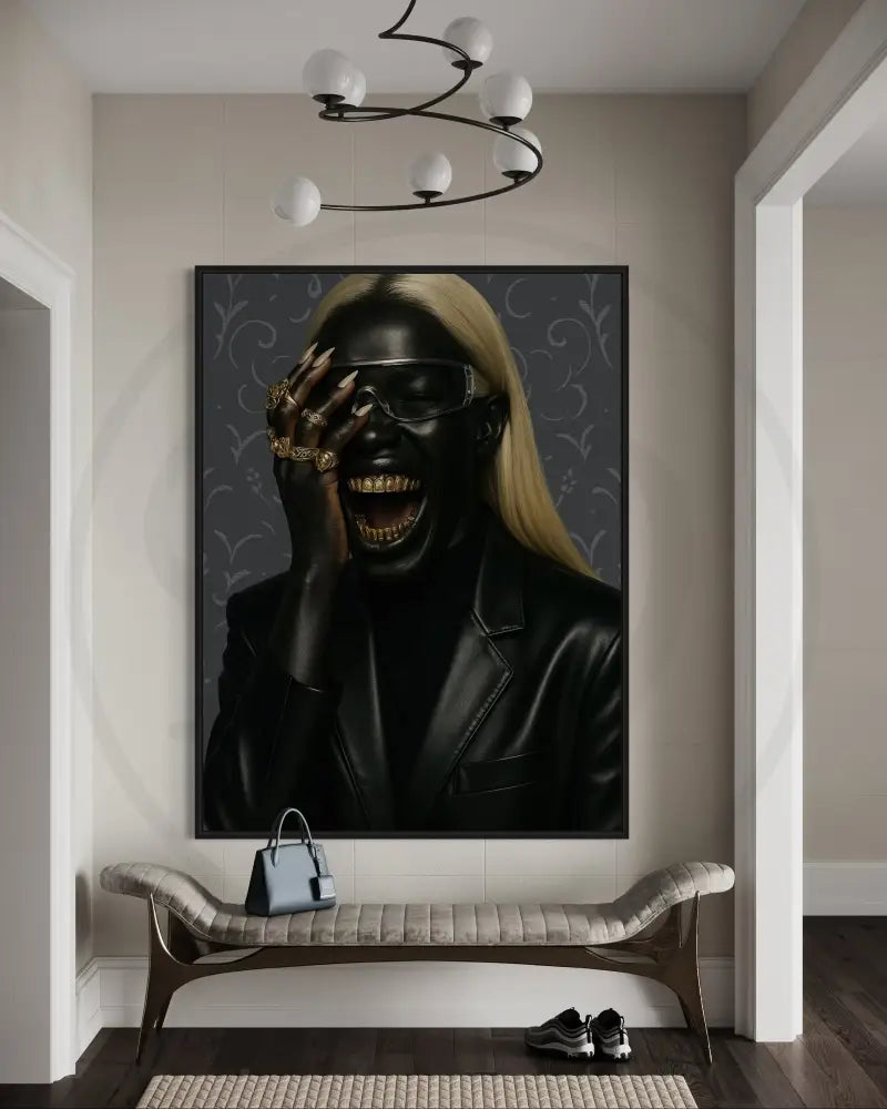 High-resolution digital art download of Black woman in black leather with gold grillz. Afrocentric cultural wall art.