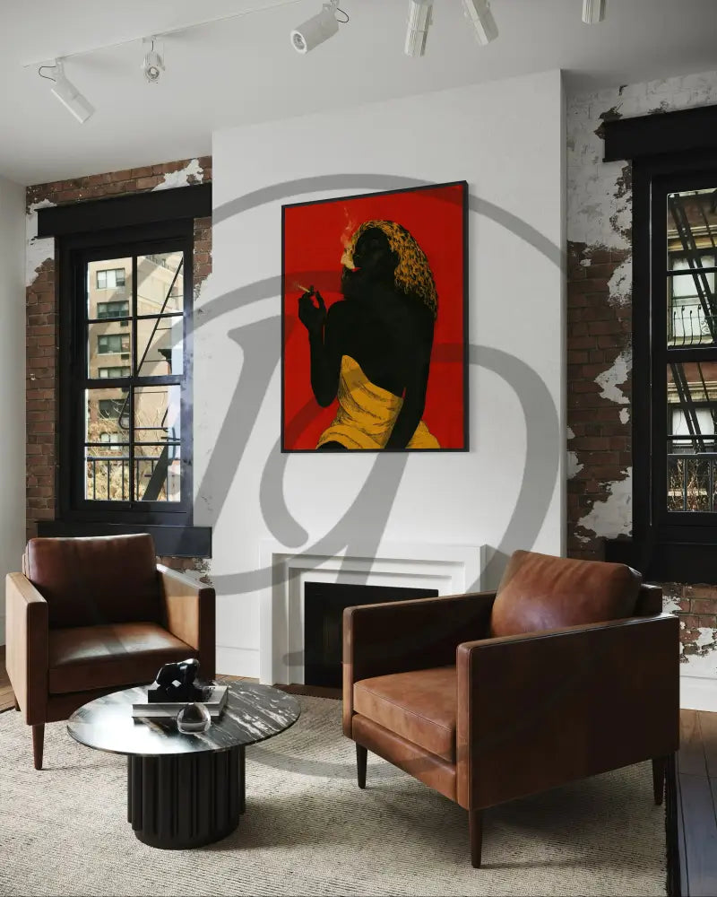 Faceless Black woman digital art with smoke detail, printable for urban homes.