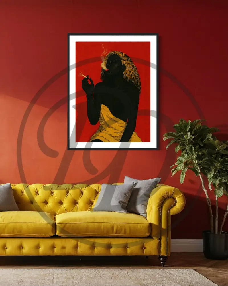 Modern African wall art of a woman with golden hair, smoking against red.
