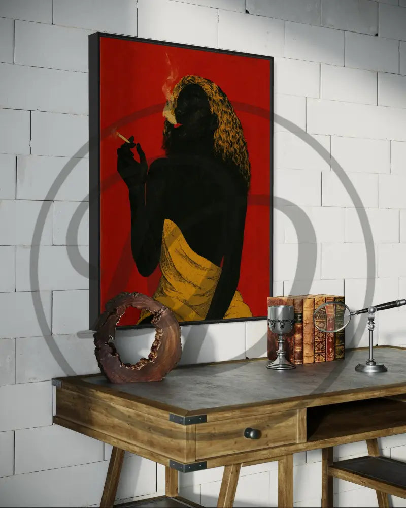 Afrocentric artwork showing a bold Black woman smoking, urban wall décor.