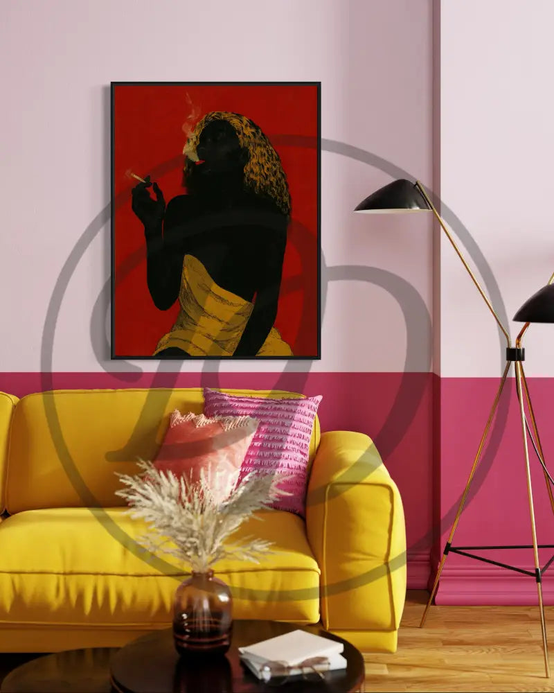 Black culture-inspired print of a woman wrapped in yellow fabric with cigarette.