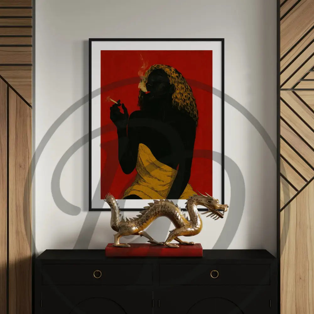 Afrocentric digital wall art of a faceless Black woman smoking, with golden hair and yellow wrap against a red background. Printable African American art for urban homes.