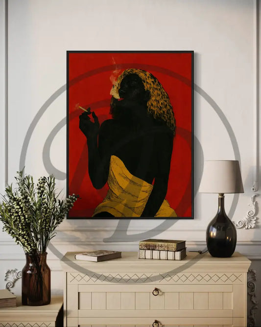 Digital download wall art of a faceless woman smoking with golden curls.