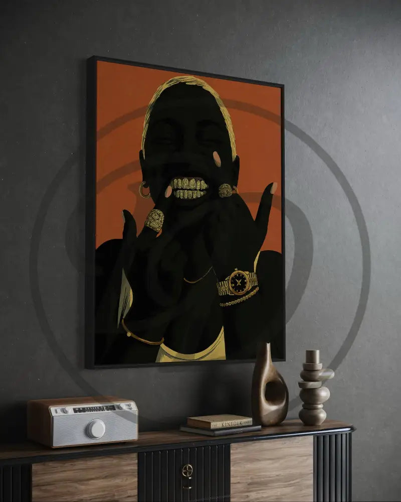 Afrocentric digital print of a woman smiling boldly with gold teeth.