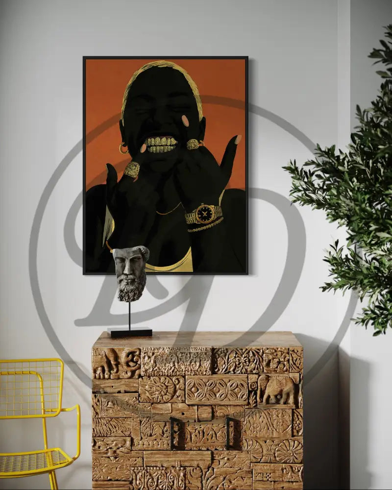 Printable urban art of a Black woman smiling with grills and stacked jewelry.