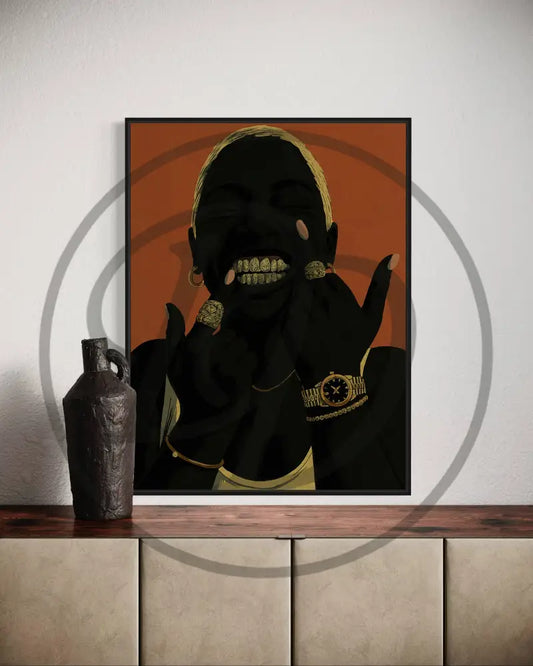 Afrocentric digital wall art of a faceless Black woman smiling with gold grills, wearing luxury jewelry and a watch. Printable Black art for urban spaces.