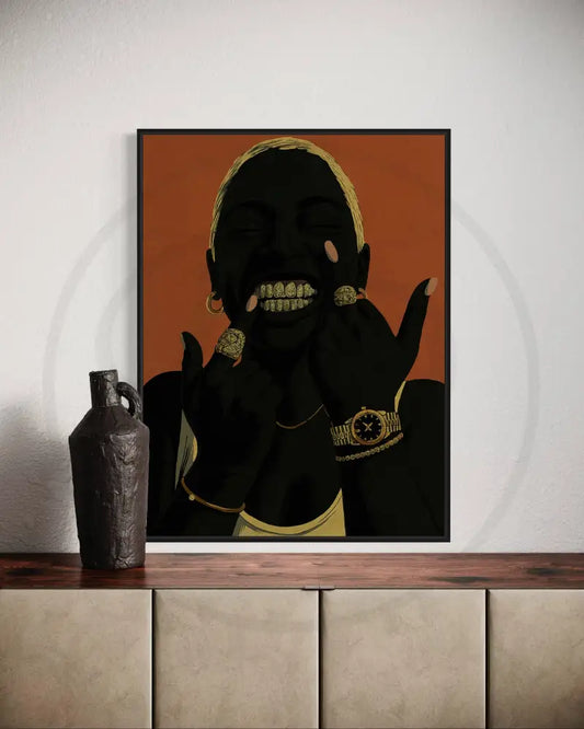 Afrocentric digital wall art of a faceless Black woman smiling with gold grills, wearing luxury jewelry and a watch. Printable Black art for urban spaces.