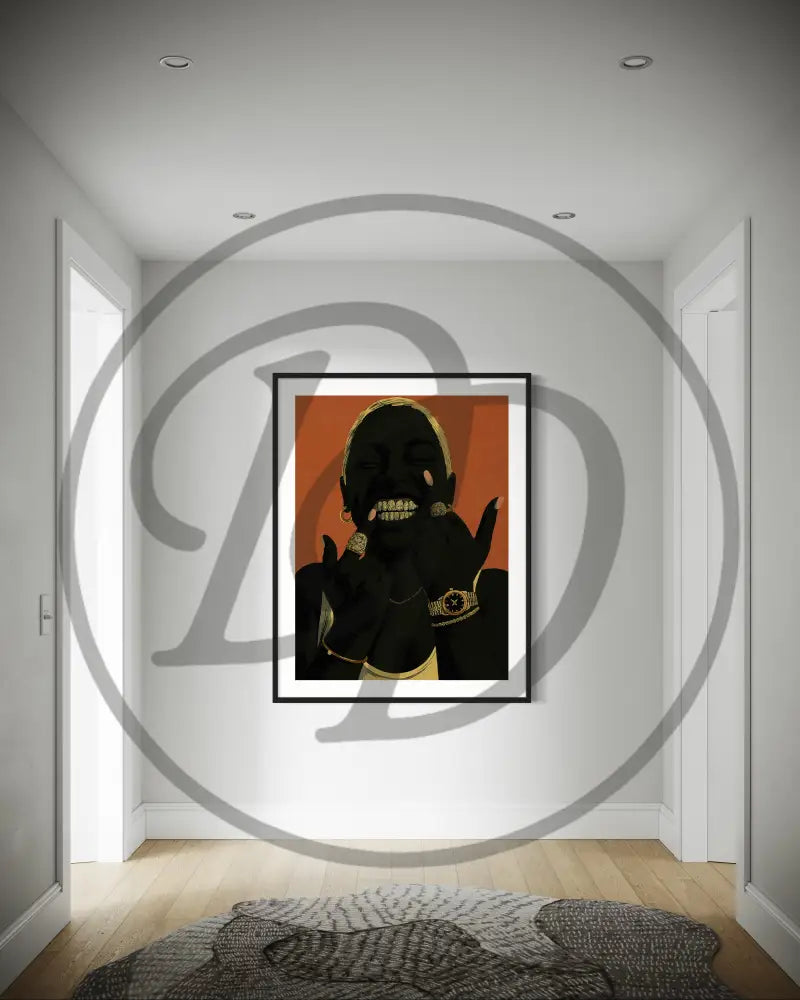 Printable Afrocentric art of a smiling Black woman showing gold grills.