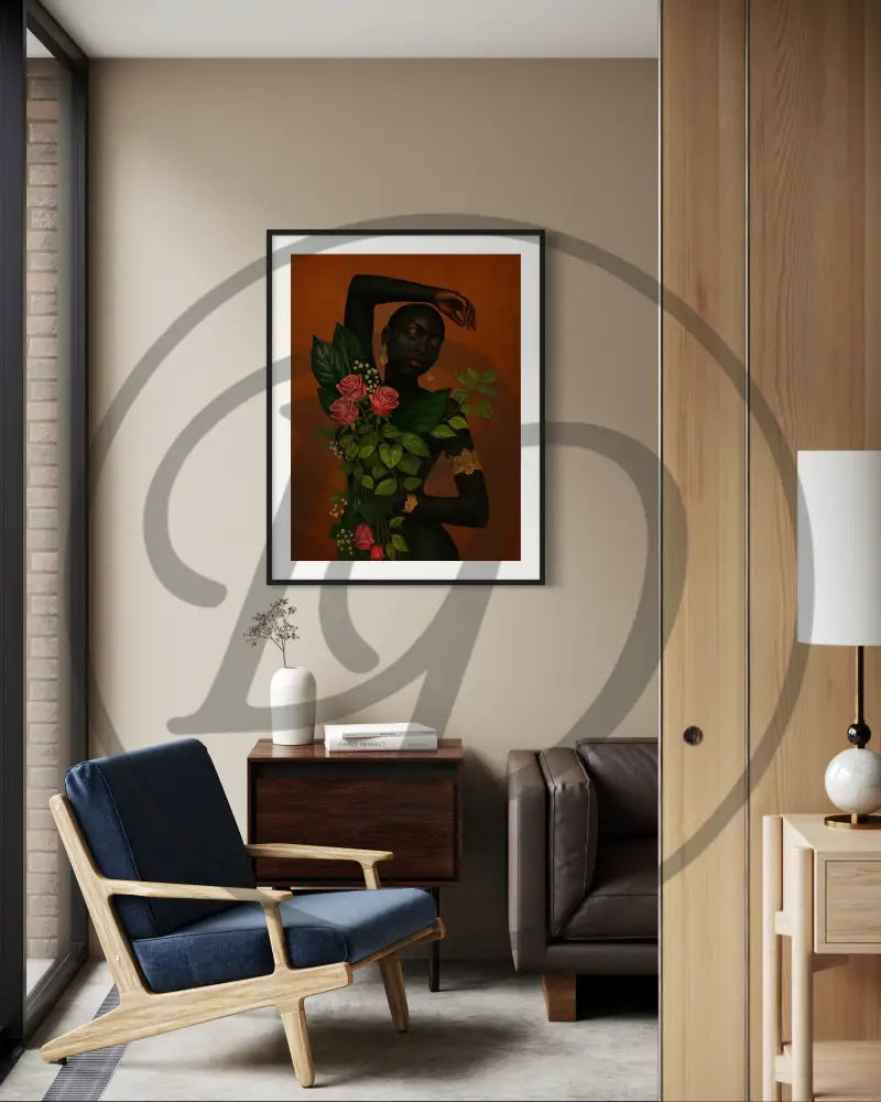 Afrocentric artwork of a Black woman draped in nature, ideal for urban décor.