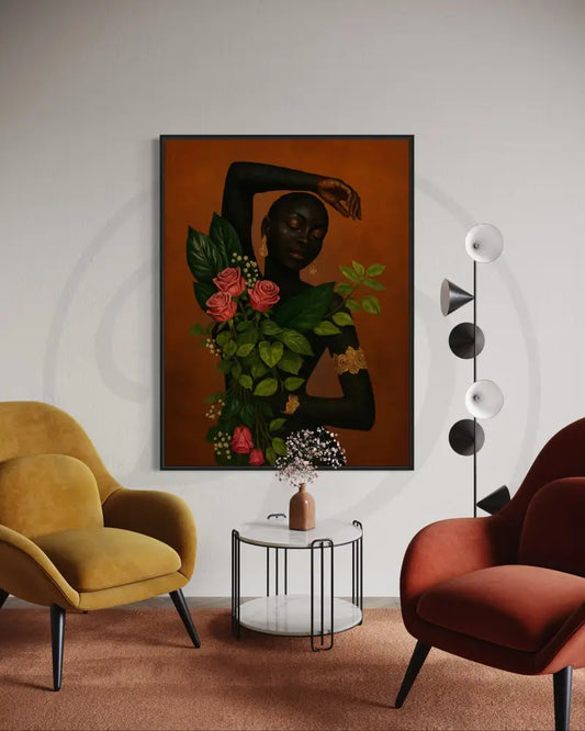 Black culture-inspired wall art featuring floral elements and faceless portrait.