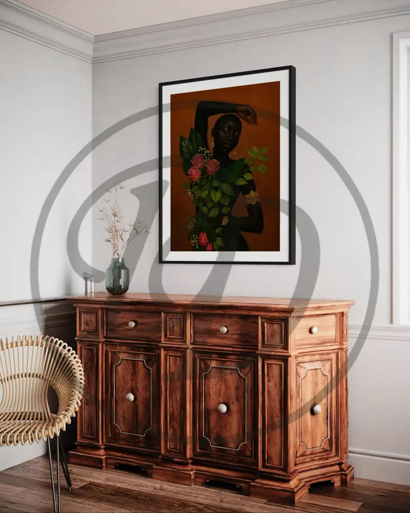 Digital Afrocentric print of a Black woman in gold jewelry and roses.