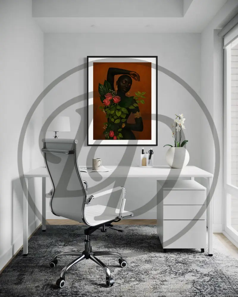 Elegant faceless Black woman portrait with roses and foliage, printable art.