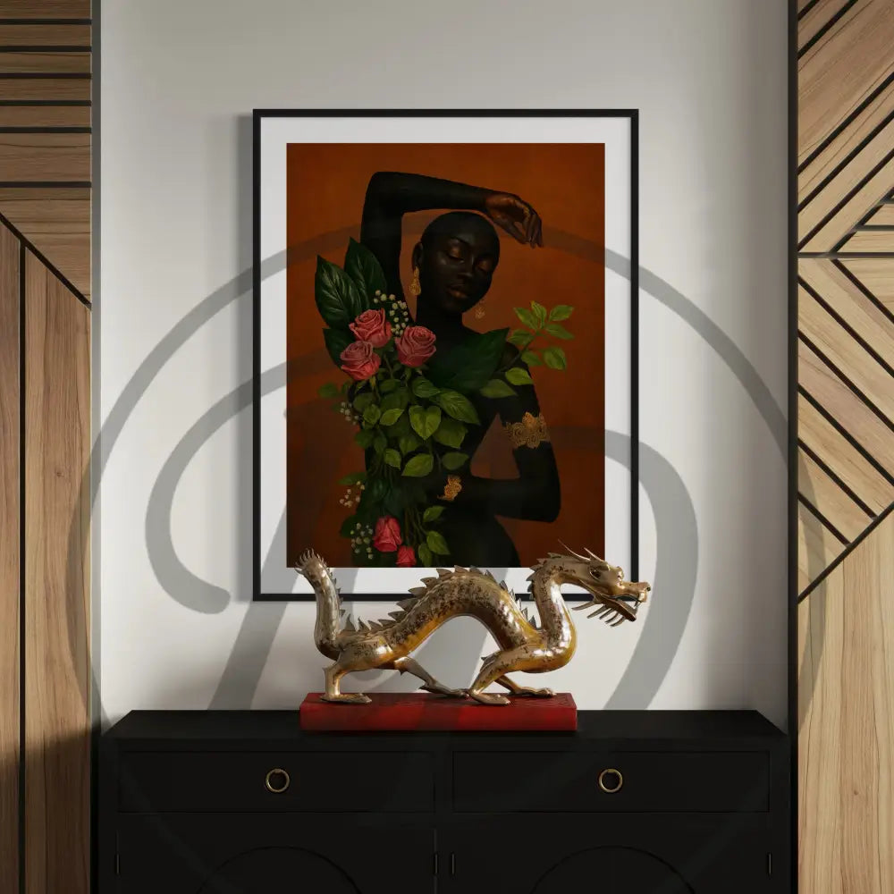 Afrocentric digital wall art of a faceless Black woman with roses and greenery, wearing gold jewelry. Printable Black art for modern, urban spaces.