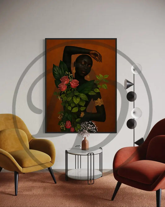 Black culture-inspired wall art featuring floral elements and faceless portrait.