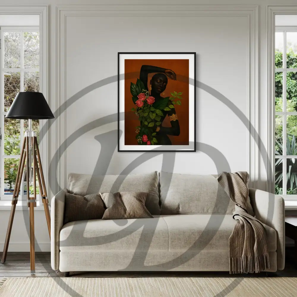 Digital download wall art of an African woman with flowers and gold jewelry.